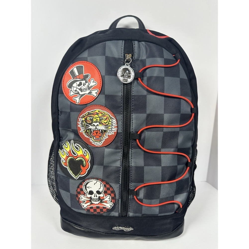 Ed Hardy Backpack Black Check Patches Backpack New